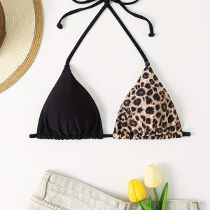 Women's Triangle Bikini Top, Two-Tone Swimwear, Adjustable Tie Back, Leopard Print & Solid Black Color, Poolside Fashion, Summer Beachwear