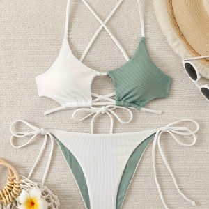 Women's Two-piece Bikini Set, Ribbed Texture, Adjustable Straps And Tie Sides, Swimwear, Beachwear, Summer Essentials