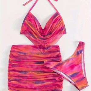 3 piece Ombre Print 3-Piece Swimsuit Set: Ruched Halter Bikini & Wrap Skirt, Women's Beachwear