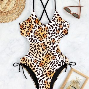 Printed Hollow Out Criss Cross One-piece Swimsuit, Drawstring Side Stretchy Monokini Bathing Suits, Women's Swimwear & Clothing