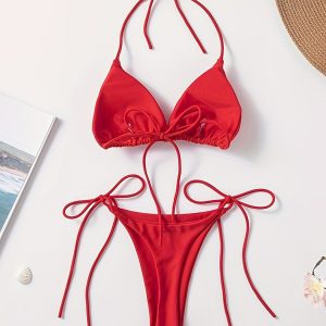 2 piece Halter Neck Halter Bikini Set, Women's V String Bottom Swimwear