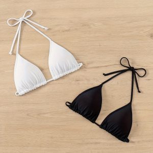 2pcs Solid Color Triangle Halter Tie Strap Backless Basic Style Bikini Top, Women's Swimwear & Clothing