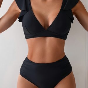 V-Neck Frill Trim Bikini Set - Polyamide and Elastane High Stretch Knit Fabric, Solid Color Sleeveless Top with High-Waisted Bottom for Swimming