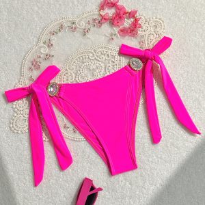 Plain Fashion Sexy Rhinestone Studded Triangle Bikini Bottom With Side Butterfly Bow Ties For Women Beachwear