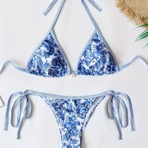 Porcelain Pattern Women's Bikini Swimwear Set, Fashionable Two-Piece Beachwear With Tie Closures, Summer Bathing Suit