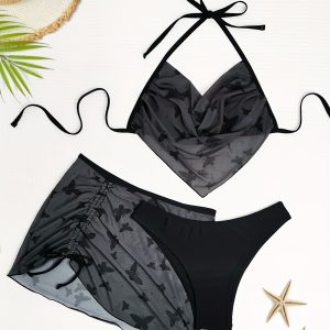 3 piece Butterfly Print 3-Piece Bikini Set: Halter Neck, High-Cut, Cover-Up Skirt Swimsuit for Women